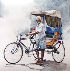 an old man standing next to a bike with a cart on it's back