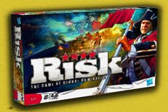 the board game risk is on display in front of a yellow background with an image of a man holding a flag