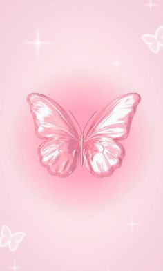 a pink butterfly with white wings flying through the air on a light pink background and sparkling stars