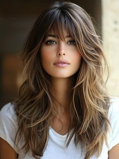 Discover Stunning Long Layered Hair with Bangs Ideas: Transform Your Look with These Trendy Styles Womens Bangs Haircut Long Hair, Updos With Wispy Bangs, Haircuts For Long Hair Side Bangs, Long Hair With Some Layers, Medium Hairstyle Women With Curtain Bangs, Wispy Bangs Lots Of Layers, Medium Length Hair Feathered Layers, Best Bangs For Long Hair, Long Hair With Long Fringe