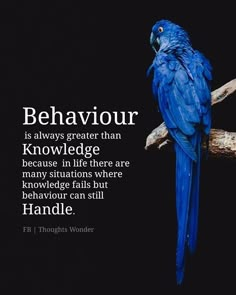 a blue parrot sitting on top of a tree branch next to a quote about being brave