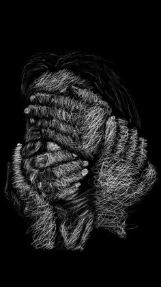 a black and white drawing of a woman's face with her hands covering her eyes