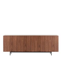 the sideboard is made from wood and has black metal legs, with an intricate pattern on