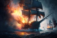 Old Ship in Battle, Fire - Canvas, Metal, Acrylic, or Giclee Quality Prints  - Mounting Hardware Included!