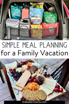 a car trunk filled with food and snacks for family vacations, including crackers