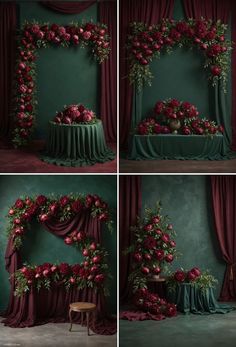 four different shots of red flowers and greenery on a green backdrop with drapes