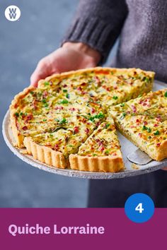 a person holding a plate with a pizza on it and the words quiche lorainne