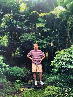 a man standing in the middle of a lush green forest