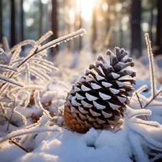 a pine cone sitting on top of snow covered ground next to trees and bushes with the sun in the background