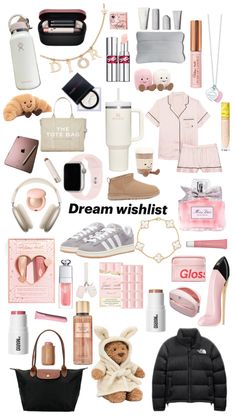 a collage of different items and the words dream wishlist written in white letters