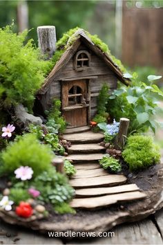 a small house made out of wood and plants on top of a wooden table with steps leading up to it