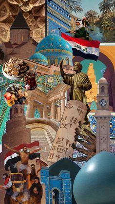 an artistic collage with many different things in the background, including a statue and buildings