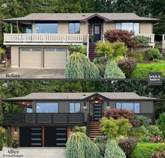 before and after photos of a house with landscaping in the front yard, side by side