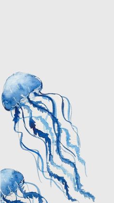 two blue jellyfish swimming in the ocean together on a light gray background with watercolor effect