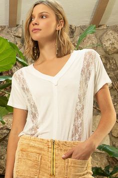 POL Inset Lace Outseam Detail Short Sleeve V-Neck T-Shirt for just $46.50 Shirt With Lace, Semi Sheer Top, Versatile Wardrobe, Lace Inset, Feminine Look, Mixing Fabrics, Neck Shirt, Neck Designs, Lace Detail