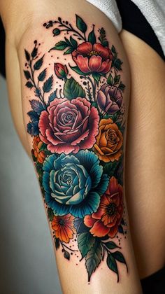 a woman's thigh with flowers and leaves on her thighs, showing the tattoo design