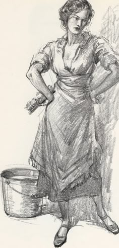 a drawing of a woman holding a bucket