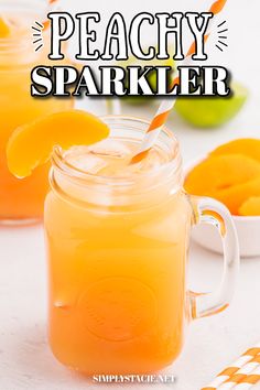 A glass of Peachy Sparkler drink with a striped orange straw and garnished with a peach slice. Peach Slushies Non Alcoholic, Peach Beverages, Peach Punch Recipes Non Alcoholic, Peach Drink Recipes Nonalcoholic, Peach Punch Alcoholic, Peach Punch Non Alcoholic, Peach Punch Recipes, Peach Drinks Non Alcoholic, Peach Mocktail Non Alcoholic