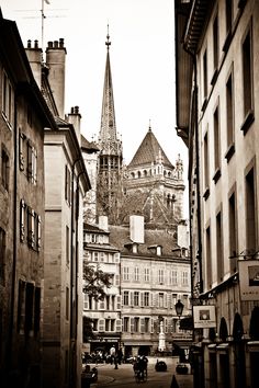 a black and white photo of an old town