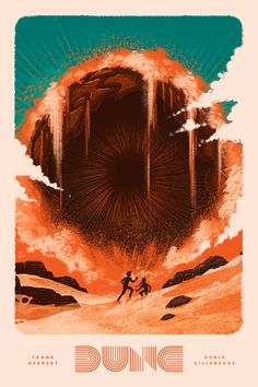 an orange and green poster with two people in front of a giant hole that is surrounded by lava