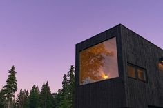 a black house with trees in the background