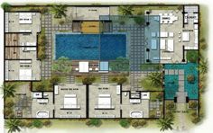 an aerial view of the floor plan of a house with swimming pool and lounges