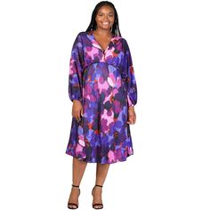 Embody grace with our vibrant Plus Size Multicolor Pleated V Neck Empire Waist Bishop Sleeve Midi Dress, designed to make a statement at any occasion. This stunning dress features a dynamic multicolor print, a flattering V neckline, and an empire waist that enhances your silhouette. The elegant bishop sleeves add a touch of sophistication, while the comfortable pleated accordion fabric ensures ease of movement. An inner layer provides full coverage, giving you confidence and style in one package Midi Dress Elegant, Party Dress Long Sleeve, Bishop Sleeve, Sweater Dress Midi, Women Maxi, Long Sleeve Midi, Long Sleeve Midi Dress, Trending Dresses, Plus Size Dress