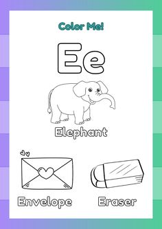 the letter b is for elephant and an envelope with its name in it, coloring page