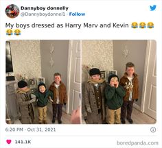 two boys dressed as harry potter and one boy is wearing a brown jacket with emoticions on it