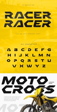 a yellow motorcycle is shown with the words racer on it and an image of a motor cross