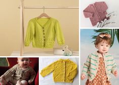 there are pictures of baby clothes and sweaters on display