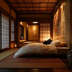 a bed sitting in the middle of a room next to two vases on either side of it