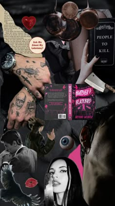 a collage of photos with tattoos and other things on it's side, including a book