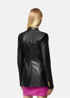 This single-breasted leather blazer is accented by Medusa hardware and has peaked lapels and a structured silhouette. Luxury Blazer Dress With Double Button And Notch Lapel, Luxury Blazer With Double Button And Lapel Collar, Luxury Blazer With Double Button Closure And Lapel Collar, Designer Double Button Business Blazer, Designer Business Blazer With Double Button Closure, Designer Double Button Blazer For Business, Luxury Double-breasted Blazer With Hidden Buttons, Luxury Blazer With Double Button Closure, Luxury Double Button Blazer