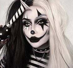 Black And White Clown Costume Diy, Black White And Red Clown Makeup, Punk Clown Costume, Scary Female Clown Makeup, Creepy Girl Clown Makeup, Twisted Clown Makeup, Clown Skeleton Makeup, Scary Mime Makeup, Clown Makeup White Face