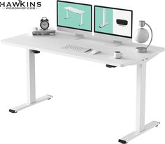 a computer desk with two monitors and a clock on it's side, in front of a white background