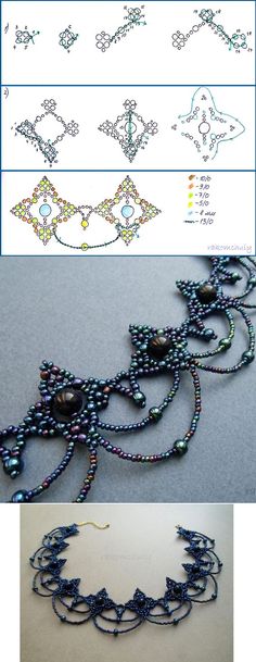 the instructions for beaded necklaces are shown in three different styles, including blue and green beads