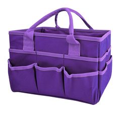 a purple tote bag with multiple pockets