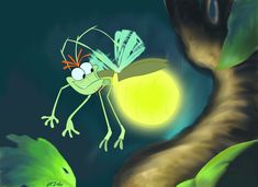 a cartoon frog with wings on its back standing in front of a leafy tree