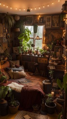 a room filled with lots of plants and pictures on the wall next to a window