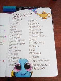 a disney character checklist on top of a notebook