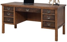 a wooden desk with drawers and a laptop computer on it's top, in front of a white background