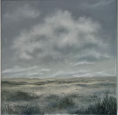 an oil painting of a field with clouds in the sky