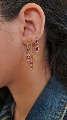 Cute Hoops Earrings, Set Of 3 Earrings, Pink Ear Curation, Minimal Earring Stack, Three Earring Stack, 3 Earring Stack, Gold Stacked Earrings, Earing Stack Gold, Earring Stacks Gold