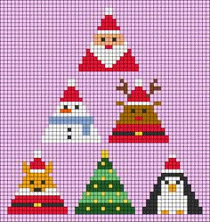 a cross stitch christmas pattern with penguins and santa hats