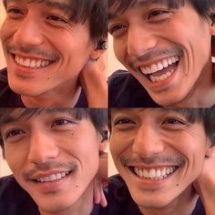 four pictures of a man smiling and talking on his cell phone with different facial expressions