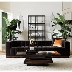 a living room filled with lots of furniture next to a wall mounted plant on top of a wooden table