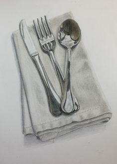 a drawing of silverware on a napkin with a spoon and fork next to it