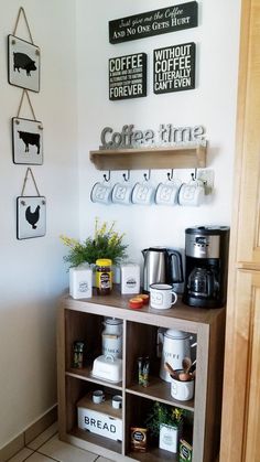 a coffee bar with various items on the shelves