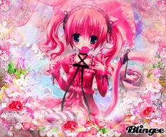 a girl with pink hair holding a camera in front of her face and surrounded by flowers